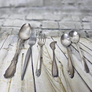 6 Assorted Silver Plate Spoons Knife Forks Crafting Wind Chimes Jewelry Etc